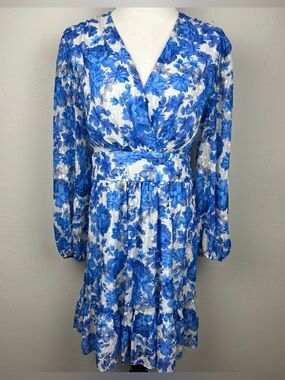 Alex Marie Blue Floral Metallic Lurex Dress Womens Size 14 Tie Waist